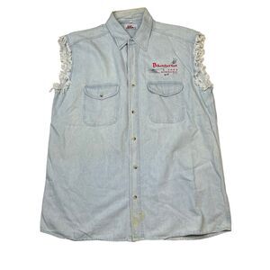 Vintage 2004 Biketoberfest Chambray Embroidered Cut Off Shirt FLAW Blue Large